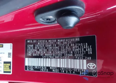 2021 Toyota Corolla Le z USA, uszkodzony, nr VIN 5YFEPMAE9MP241957